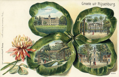 10172 Fantasiekaart met als voorstelling gezichten op:- De seminarie te Rijsenburg.- Het hotel van C.B. Schols te ...